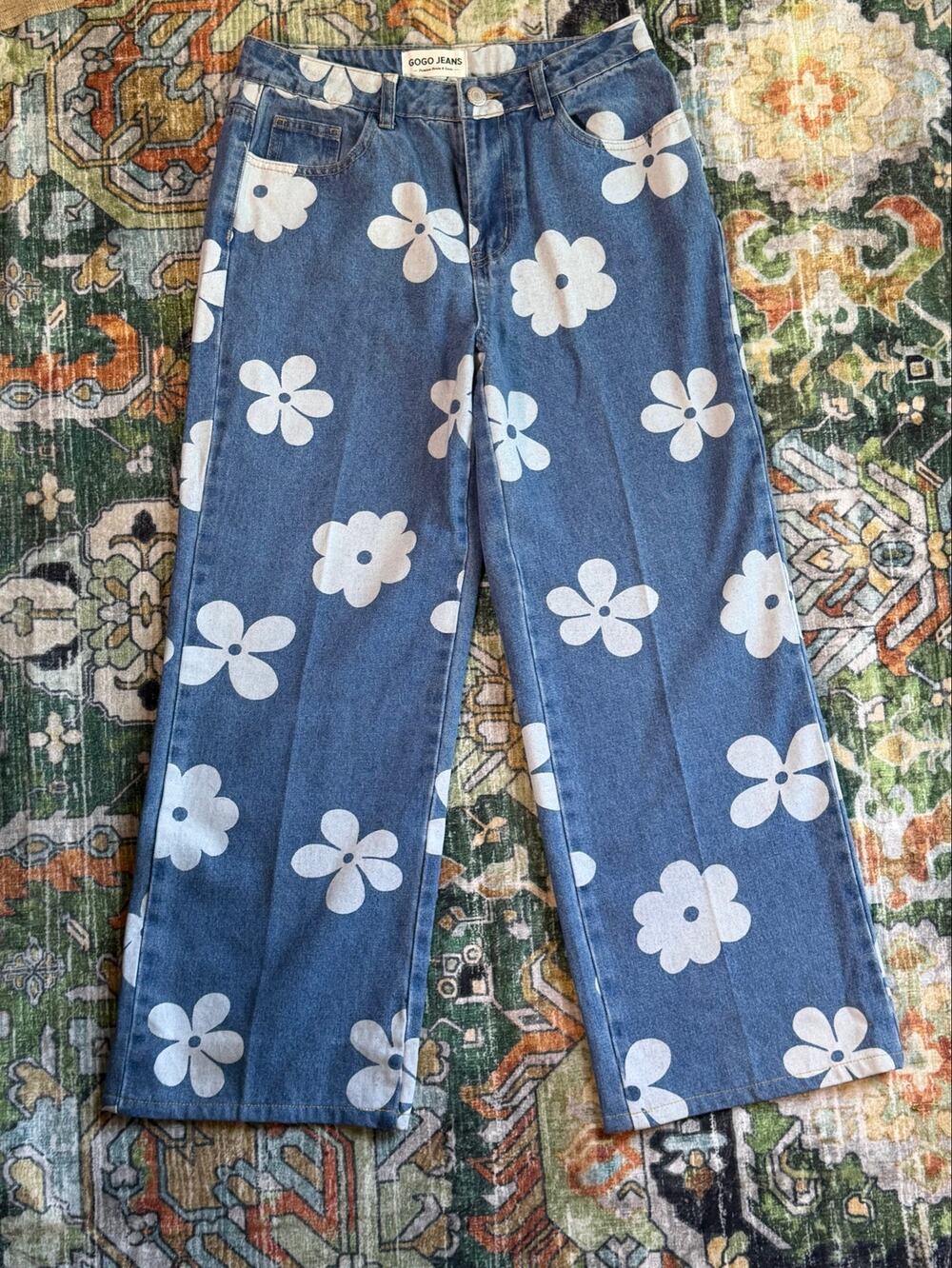 GoGo Jeans Juniors 7/28 Blue Daisy Print Wide Leg Jeans